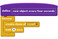 define new object every four seconds
forever
    create clone of [myself v]
    wait (4) secs