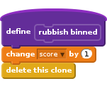 define rubbish binned
change [score v] by (1)
delete this clone