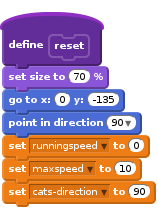 define reset
set size to (70)%
go to x: (0) y: (-135)
point in direction (90 v)
set [runningspeed v] to (0)
set [maxspeed v] to (10)
set [cats-direction v] to (90)